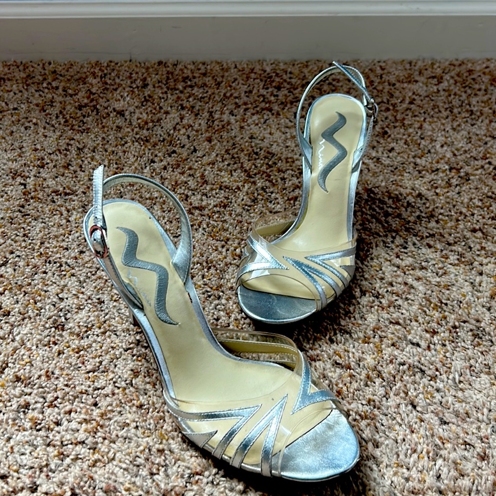 Nina silver stiletto with straps sling back